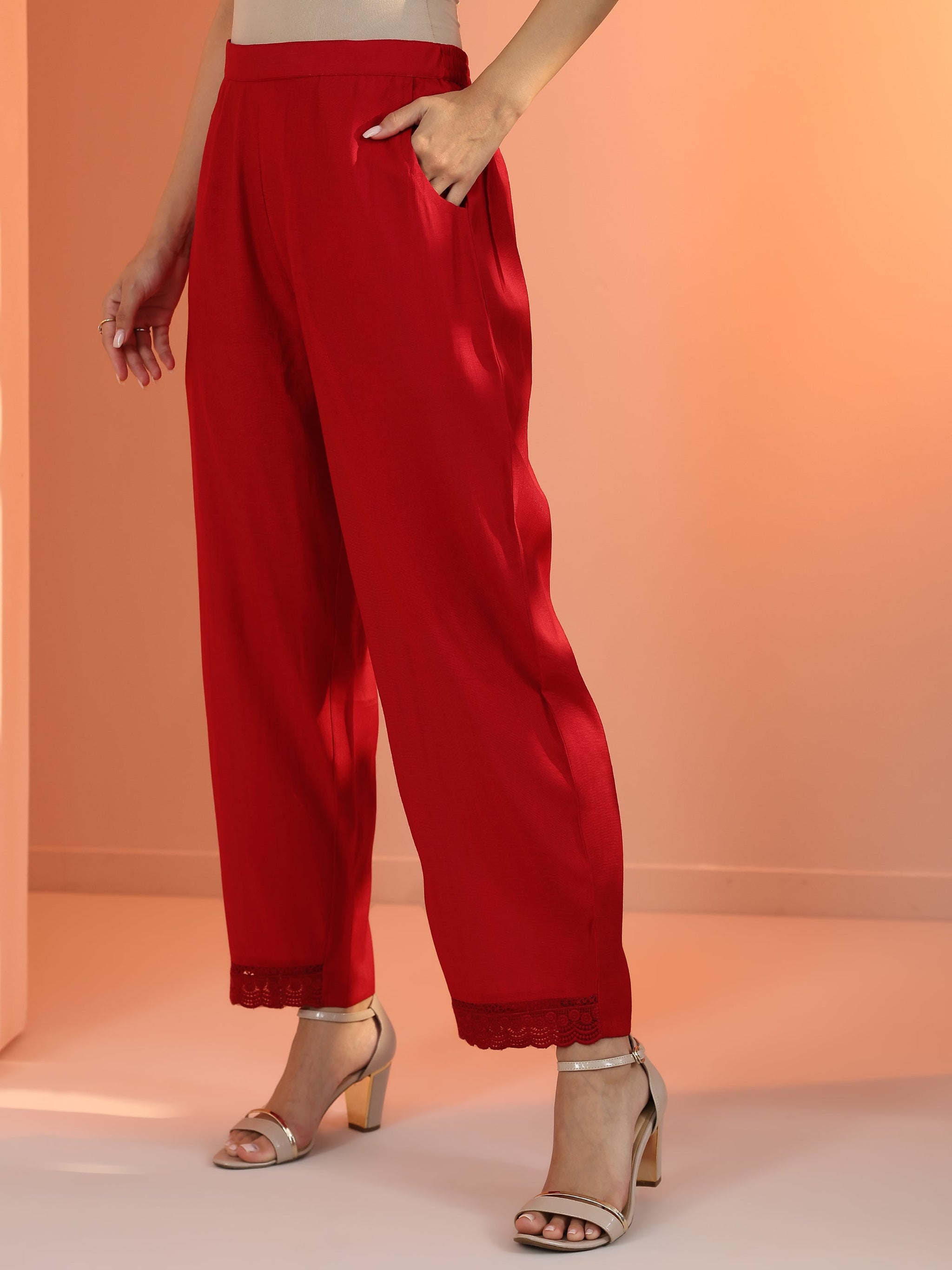 Libas Red Embroidered Silk Blend Straight Suit Set With Dupatta