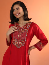 Libas Red Embroidered Silk Blend Straight Suit Set With Dupatta