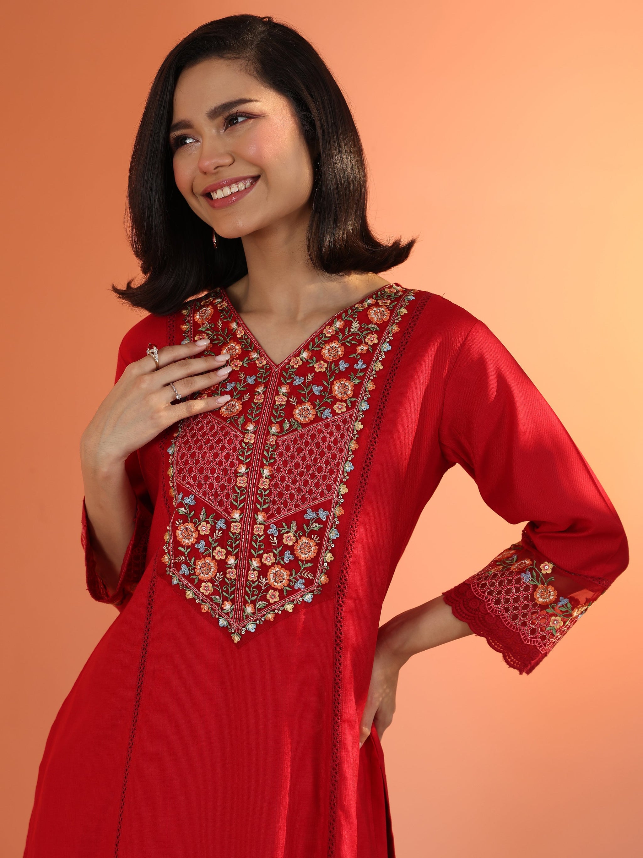 Libas Red Embroidered Silk Blend Straight Suit Set With Dupatta