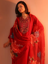 Libas Red Embroidered Silk Blend Straight Suit Set With Dupatta