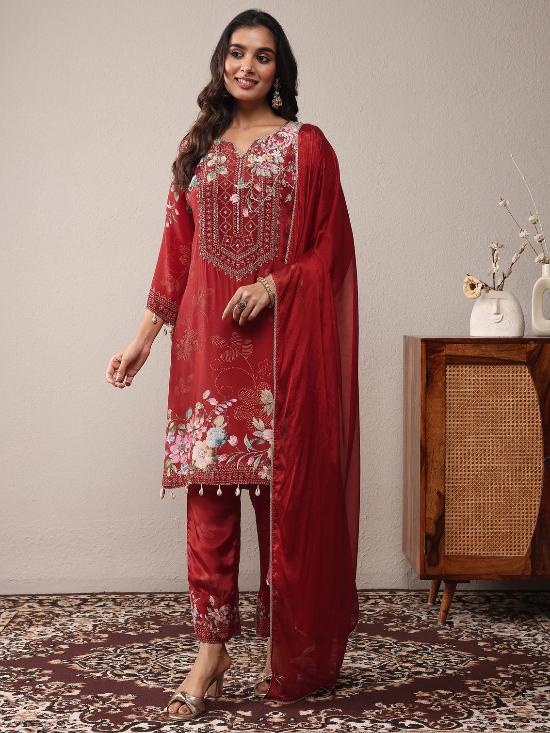 Mameraa Maroon Printed Silk Crepe Straight Suit Set With Dupatta