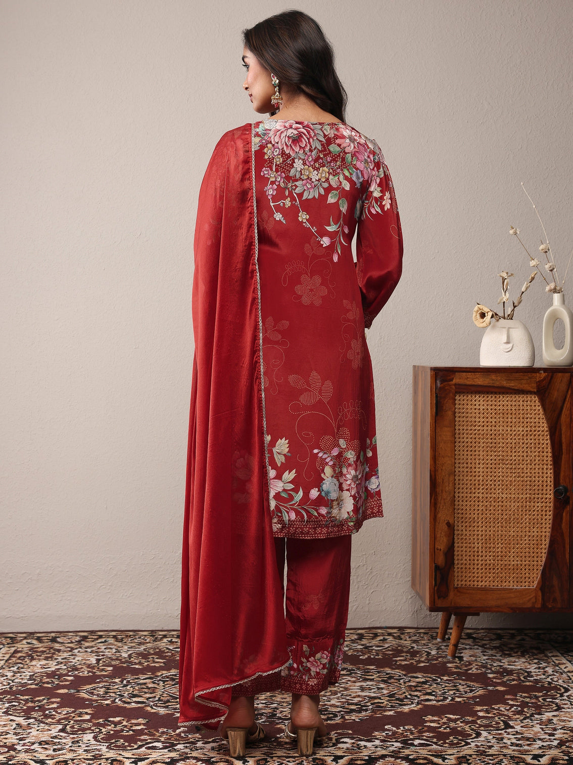 Mameraa Maroon Printed Silk Crepe Straight Suit Set With Dupatta