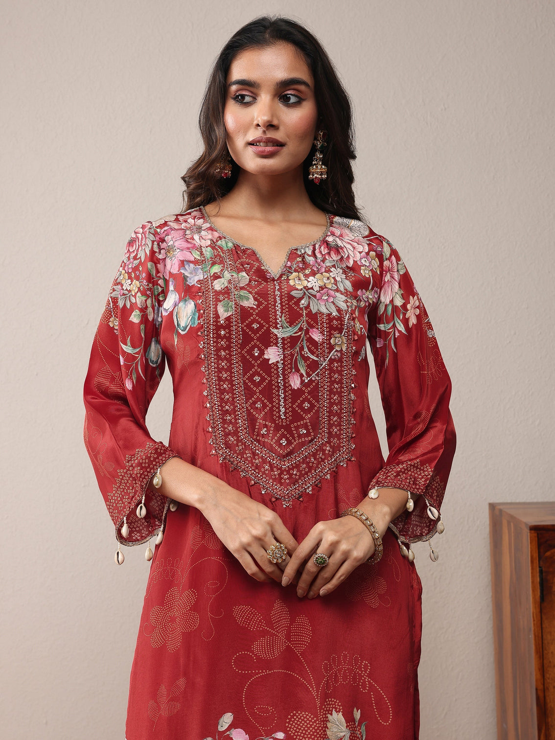 Mameraa Maroon Printed Silk Crepe Straight Suit Set With Dupatta