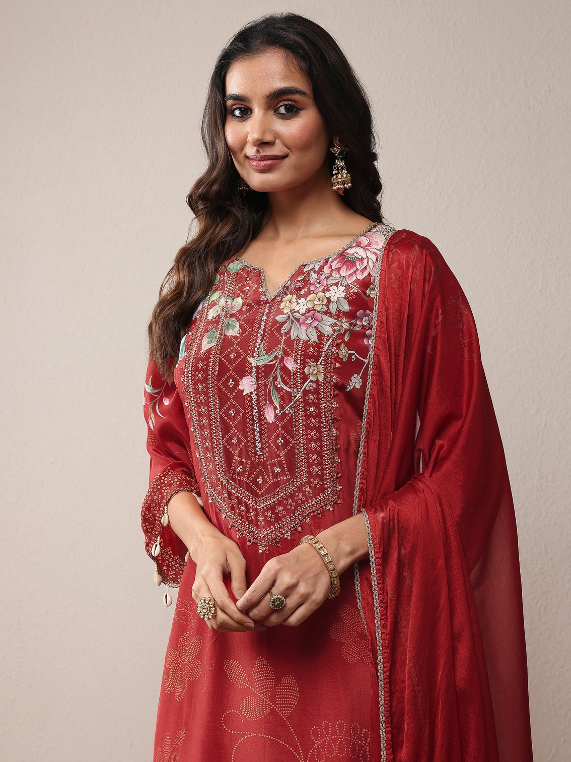 Mameraa Maroon Printed Silk Crepe Straight Suit Set With Dupatta