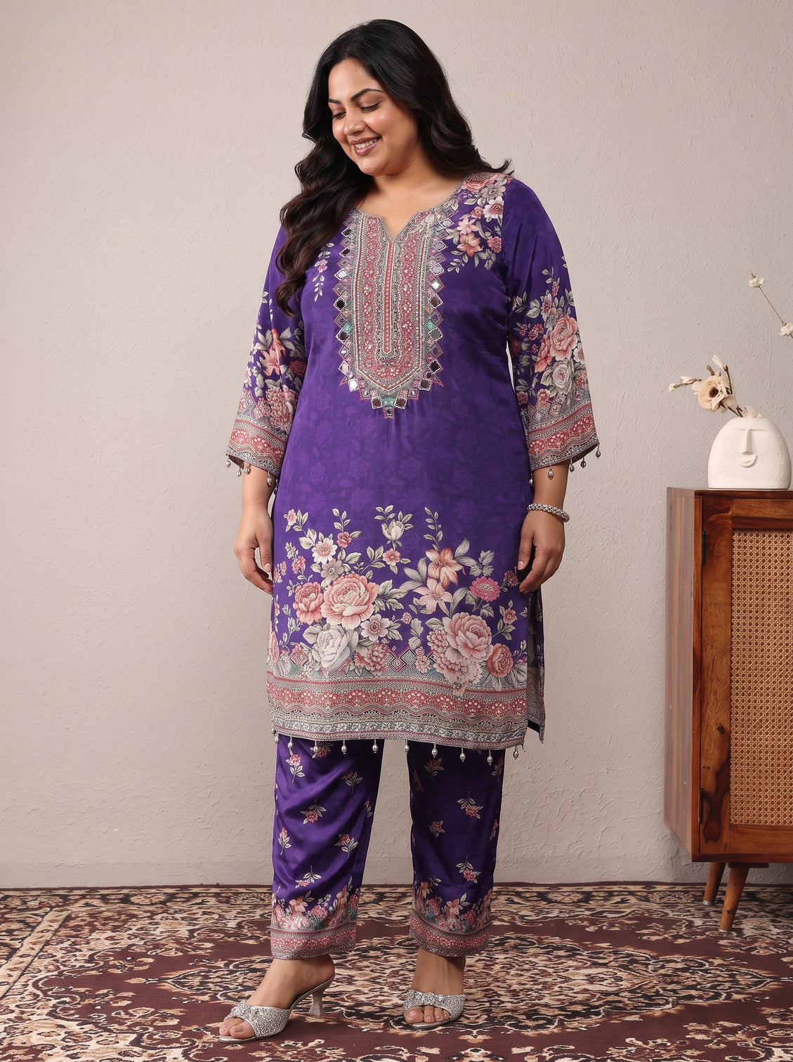 Plus Size Purple Printed Silk Crepe Straight Suit Set With Dupatta