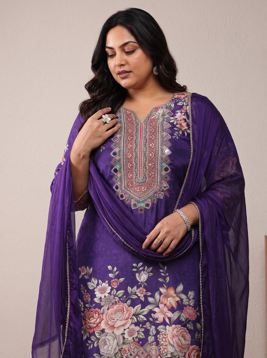 Plus Size Purple Printed Silk Crepe Straight Suit Set With Dupatta