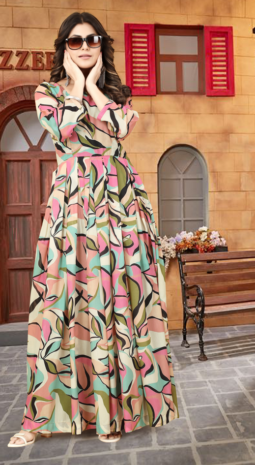 Multicolor Muslin A-Line Gown with Micro Cotton Lining