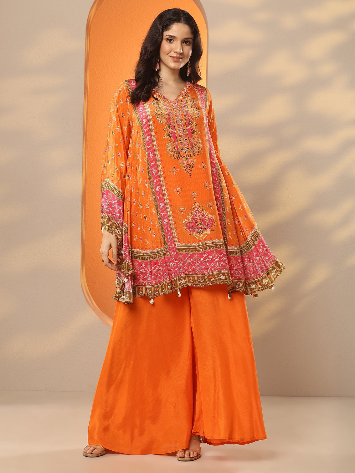 Mameraa Orange Printed Crepe A-Line Kurta Set