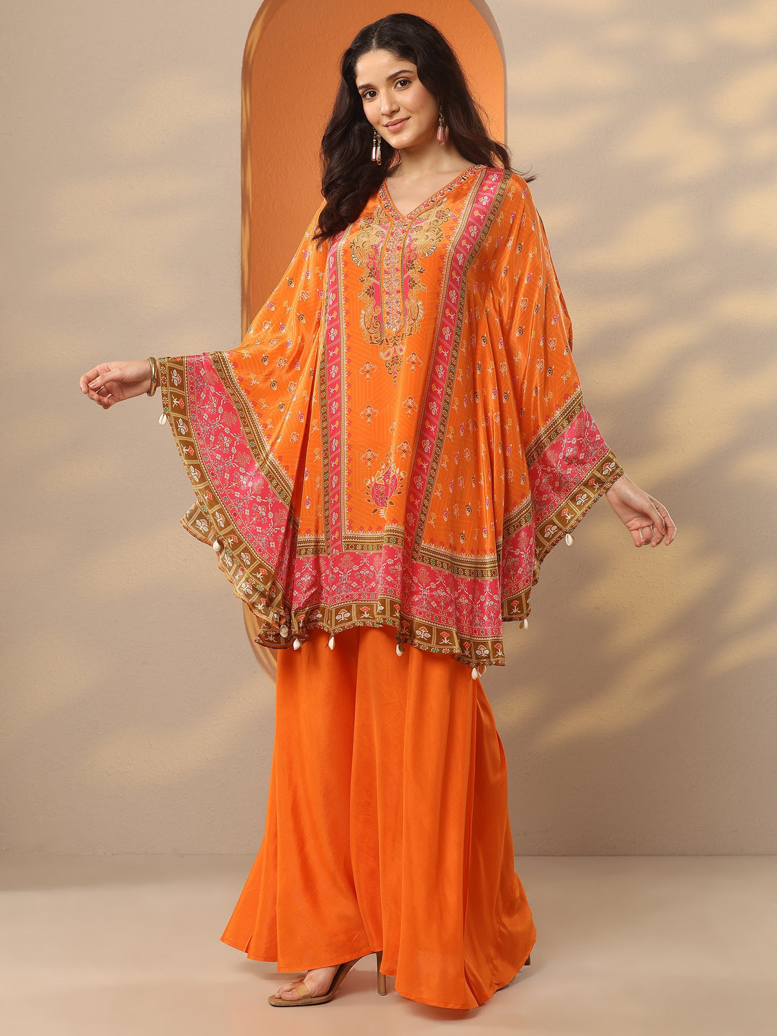 Mameraa Orange Printed Crepe A-Line Kurta Set