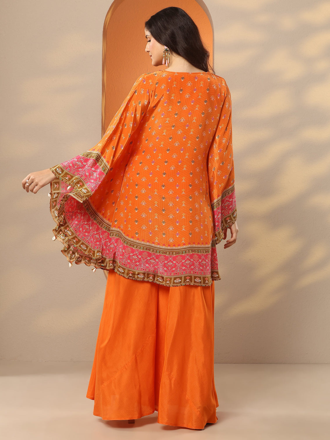 Mameraa Orange Printed Crepe A-Line Kurta Set