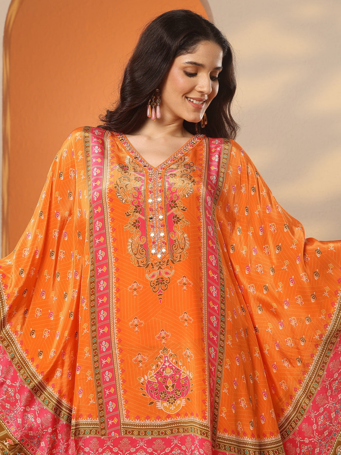Mameraa Orange Printed Crepe A-Line Kurta Set