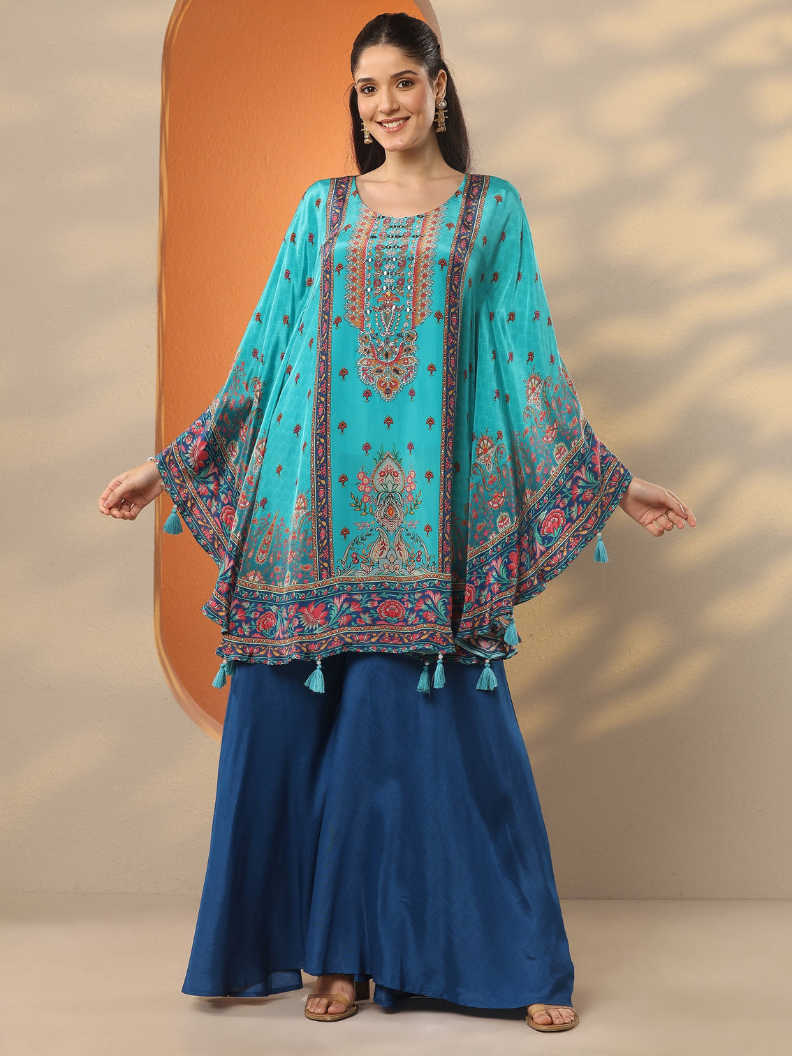 Mameraa Blue Printed Crepe A-Line Kurta Set