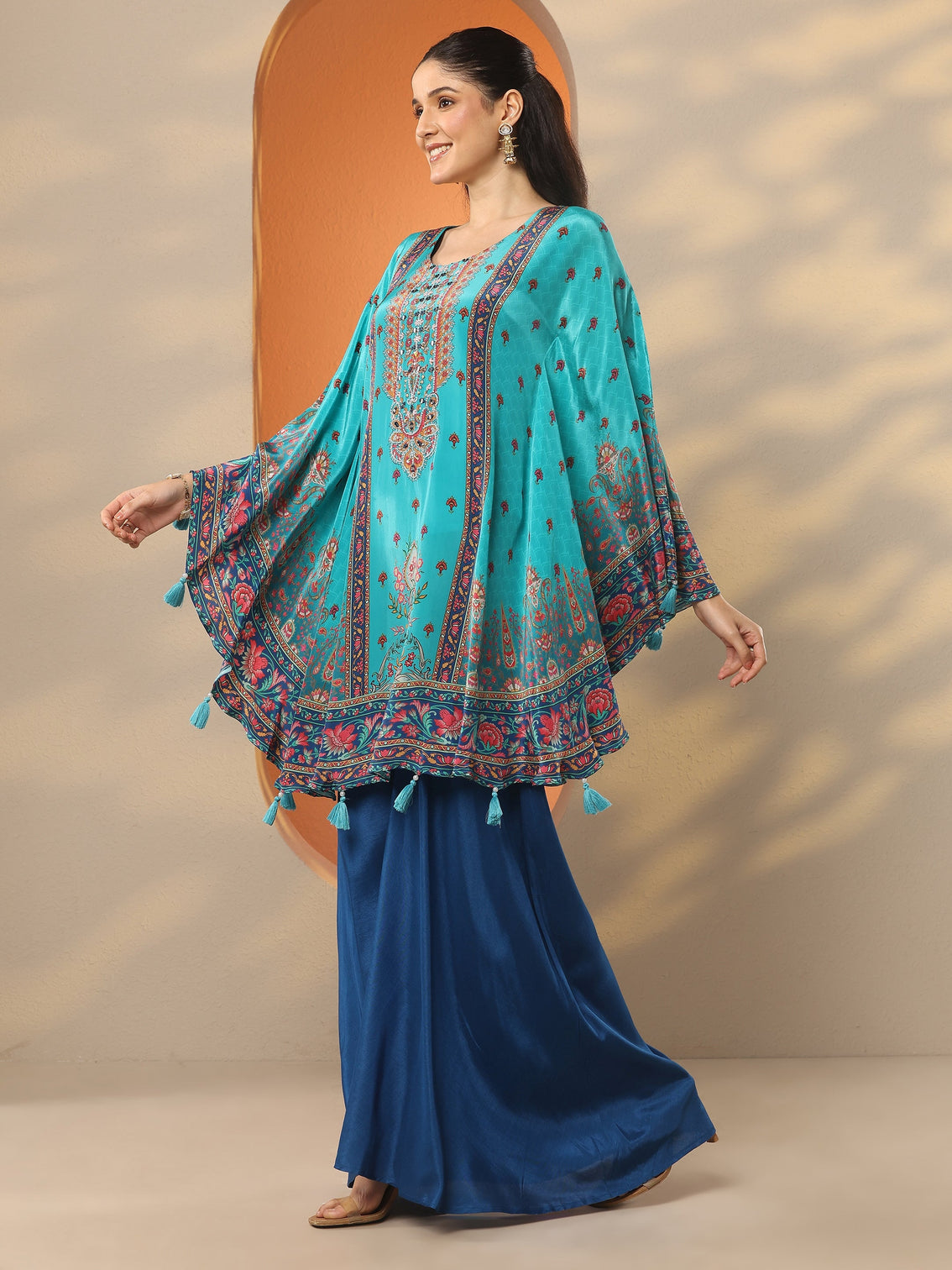 Mameraa Blue Printed Crepe A-Line Kurta Set