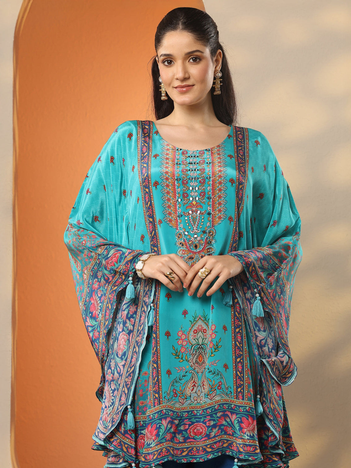 Mameraa Blue Printed Crepe A-Line Kurta Set