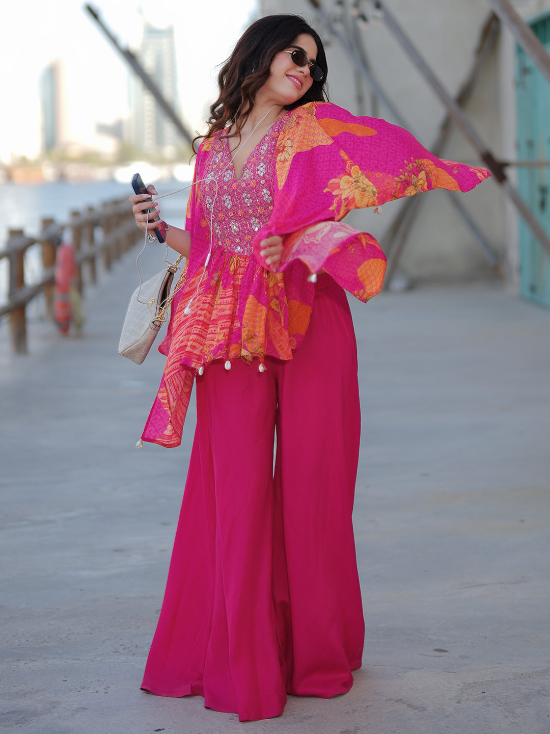 Mameraa Pink Printed Crepe A-Line Kurta Set