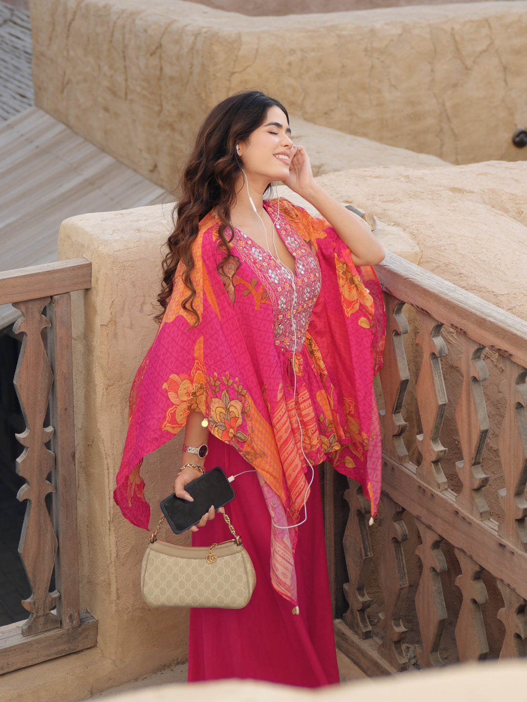Mameraa Pink Printed Crepe A-Line Kurta Set
