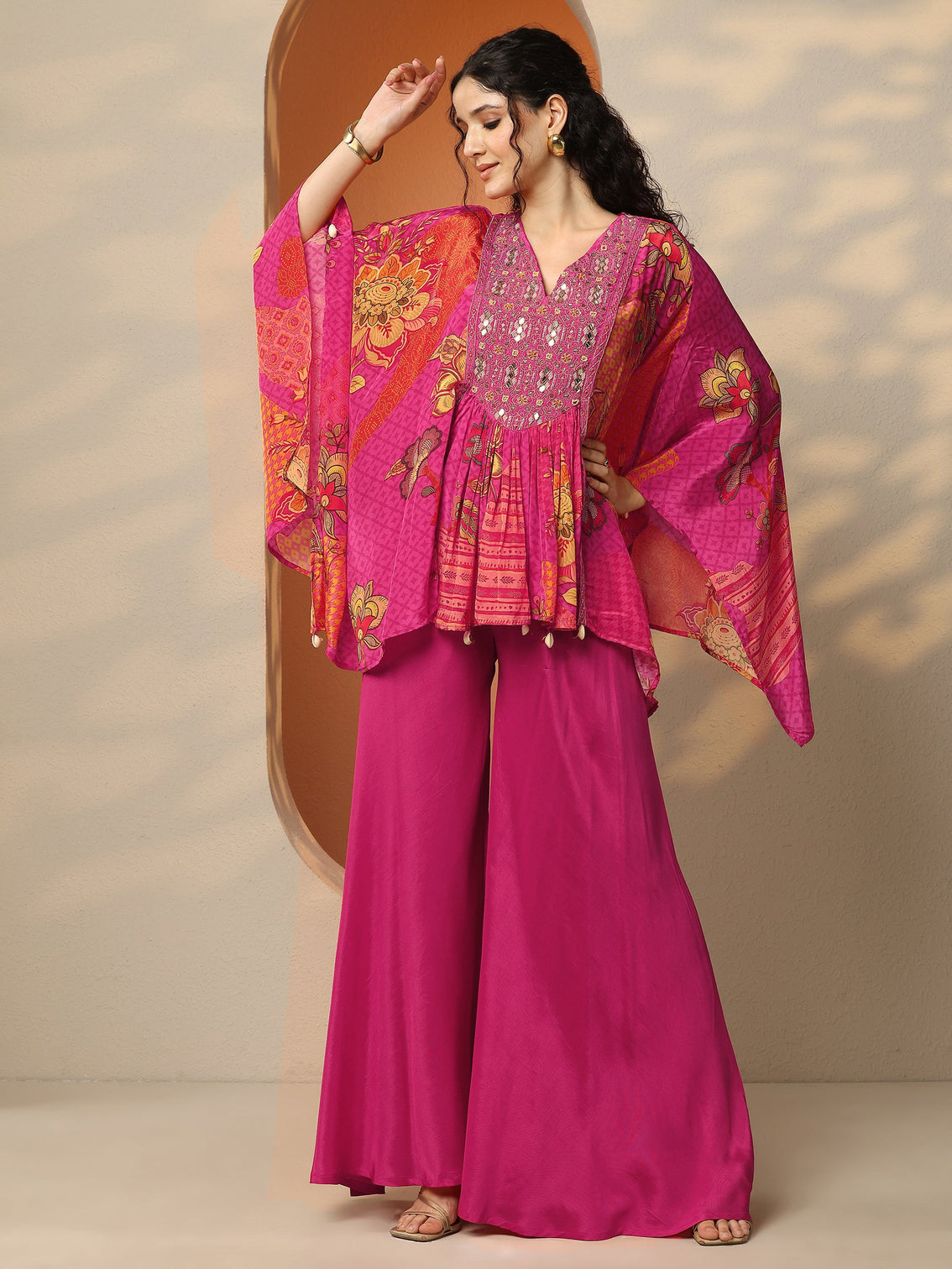 Mameraa Pink Printed Crepe A-Line Kurta Set