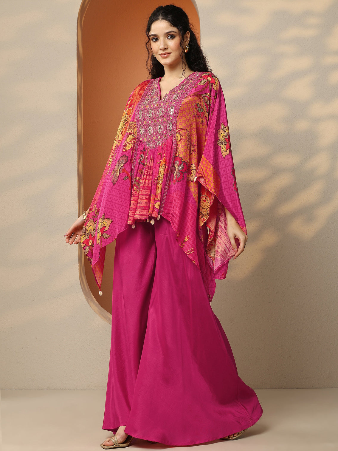 Mameraa Pink Printed Crepe A-Line Kurta Set
