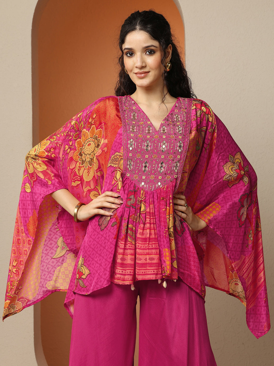 Mameraa Pink Printed Crepe A-Line Kurta Set