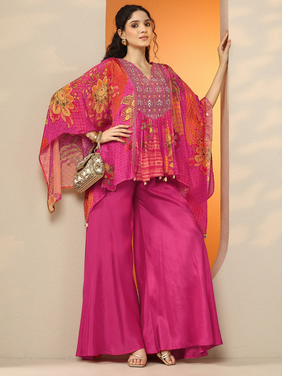 Mameraa Pink Printed Crepe A-Line Kurta Set