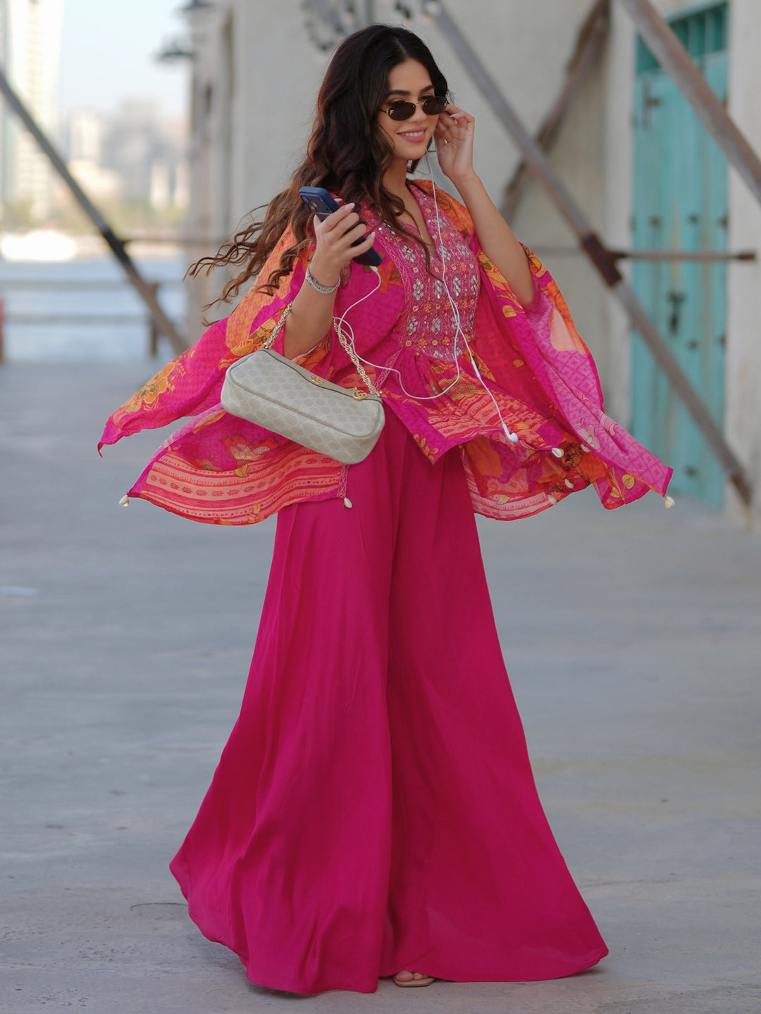 Mameraa Pink Printed Crepe A-Line Kurta Set