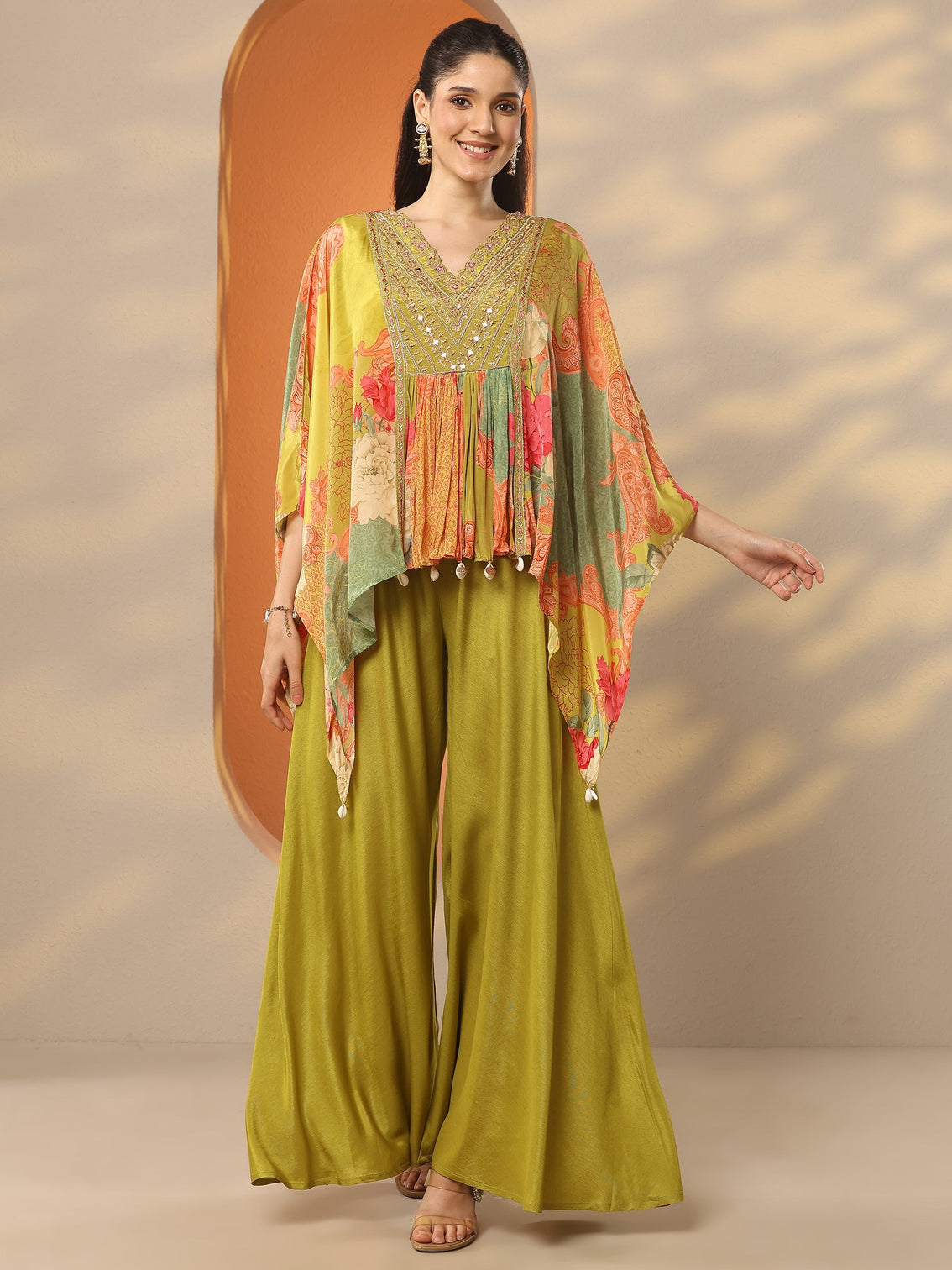 Mameraa Green Printed Crepe A-Line Kurta Set