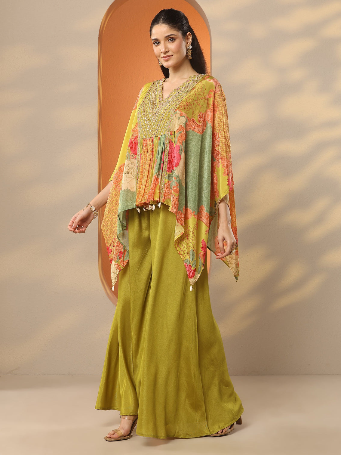 Mameraa Green Printed Crepe A-Line Kurta Set