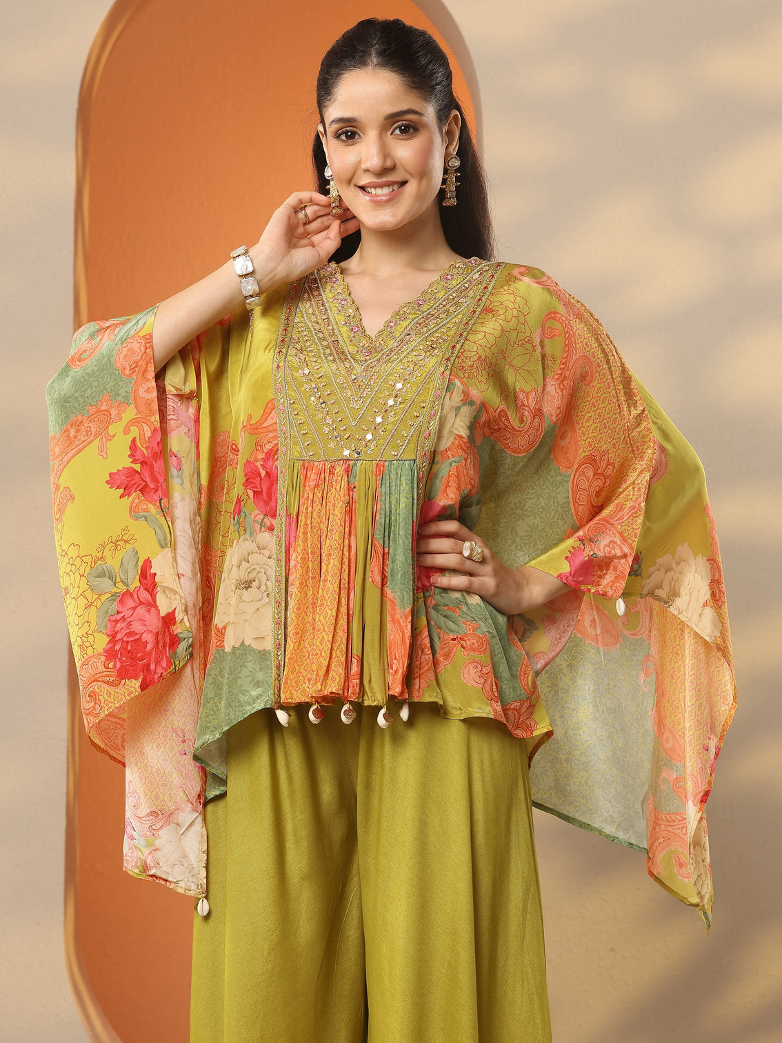 Mameraa Green Printed Crepe A-Line Kurta Set