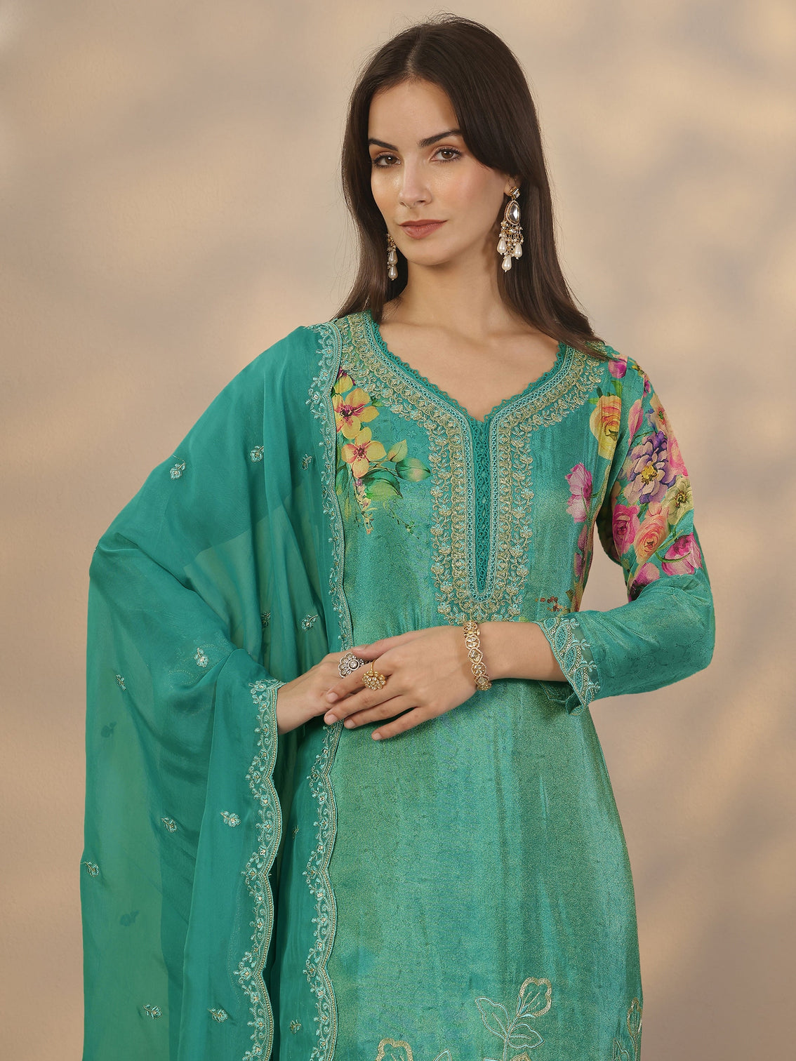 Mameraa Blue Printed Crepe Straight Suit Set With Dupatta