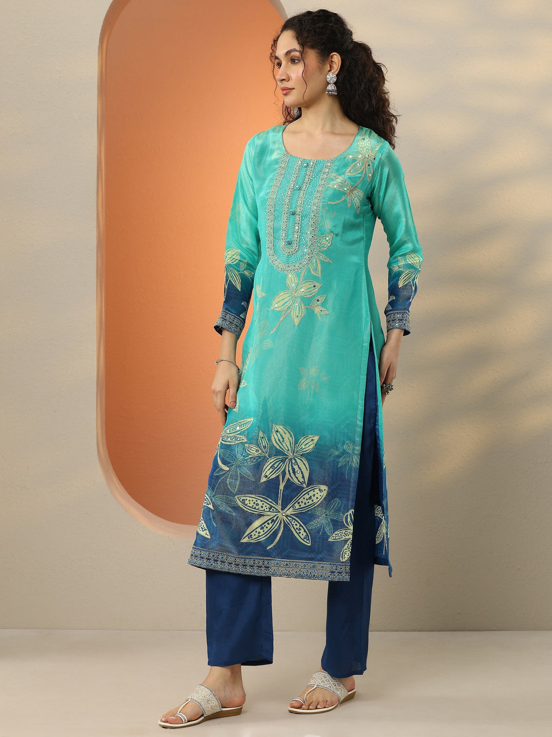 Mameraa Blue Embroidered Crepe Straight Suit Set With Dupatta