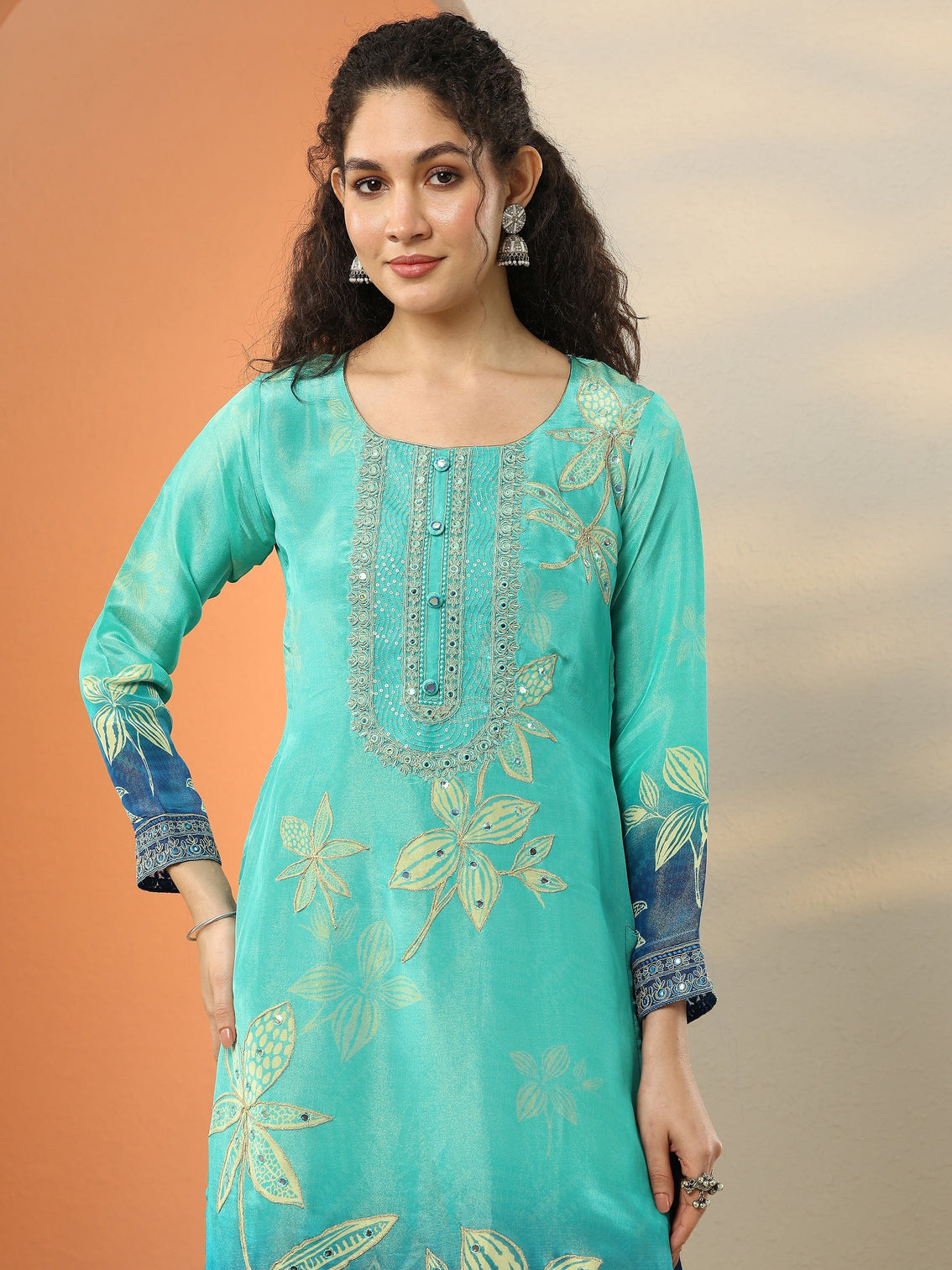 Mameraa Blue Embroidered Crepe Straight Suit Set With Dupatta