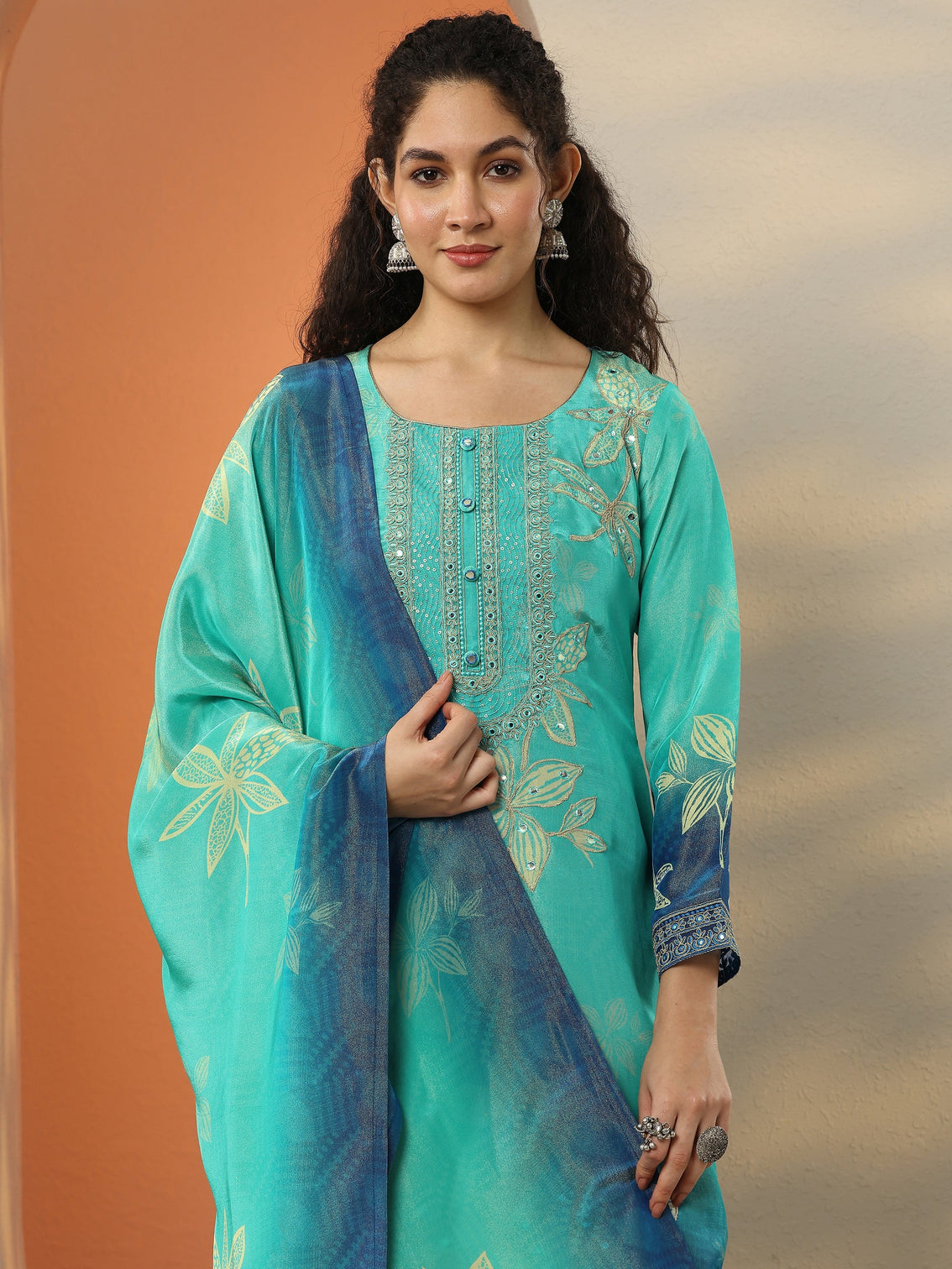 Mameraa Blue Embroidered Crepe Straight Suit Set With Dupatta