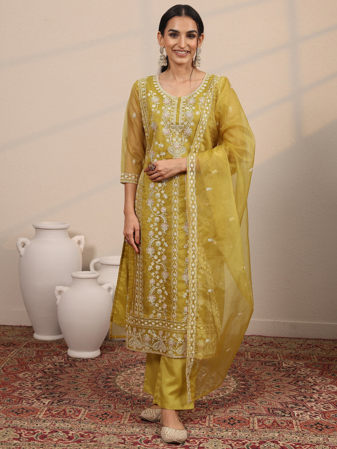 Mameraa Mustard Embroidered Organza  Straight Suit Set With Dupatta