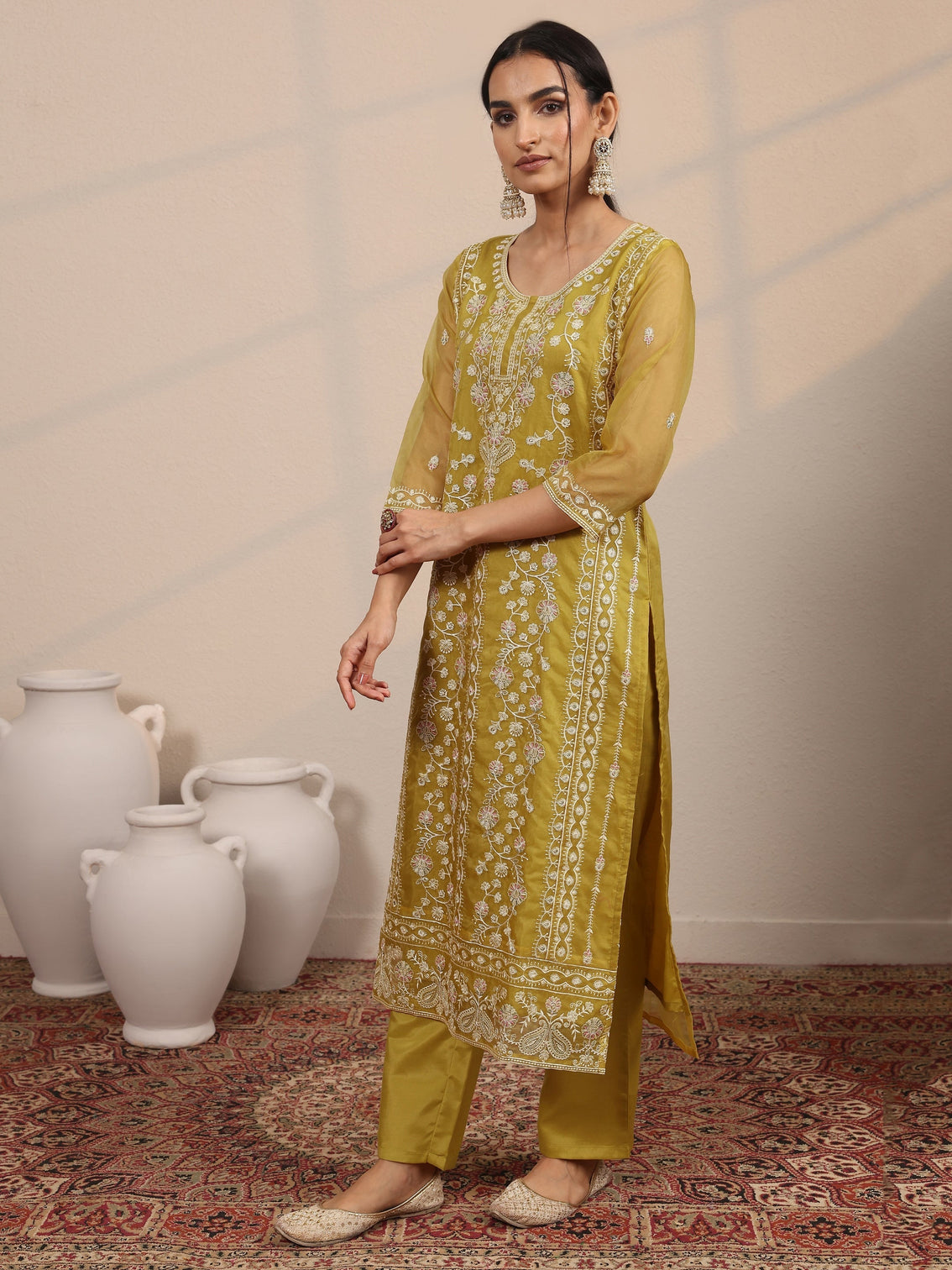 Mameraa Mustard Embroidered Organza  Straight Suit Set With Dupatta