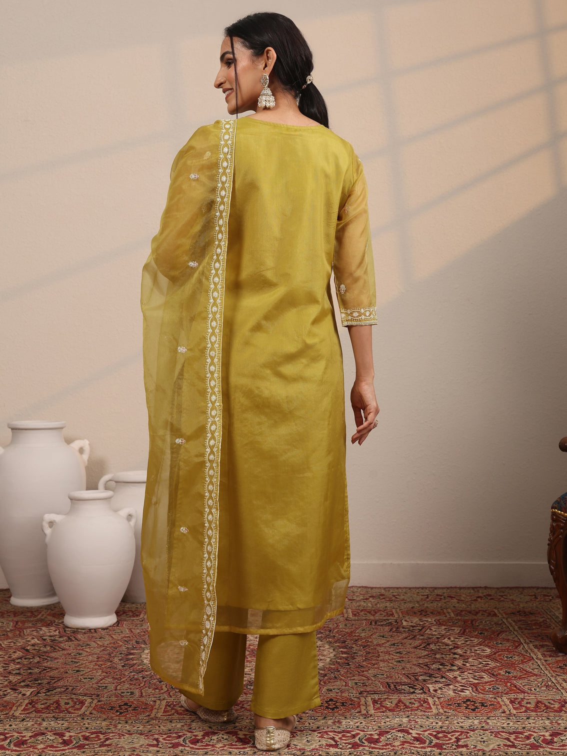 Mameraa Mustard Embroidered Organza  Straight Suit Set With Dupatta