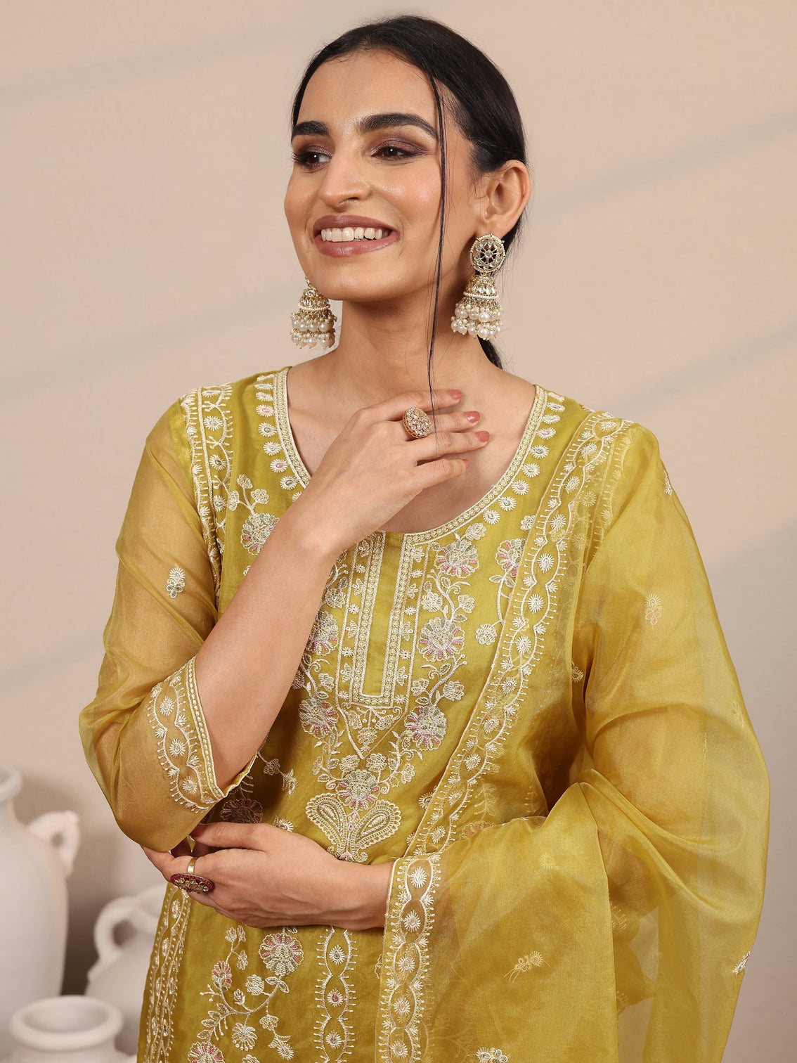 Mameraa Mustard Embroidered Organza  Straight Suit Set With Dupatta