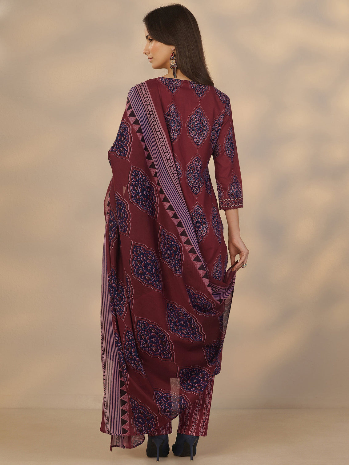 Mameraa Maroon Printed Cotton Straight Suit Set With Dupatta
