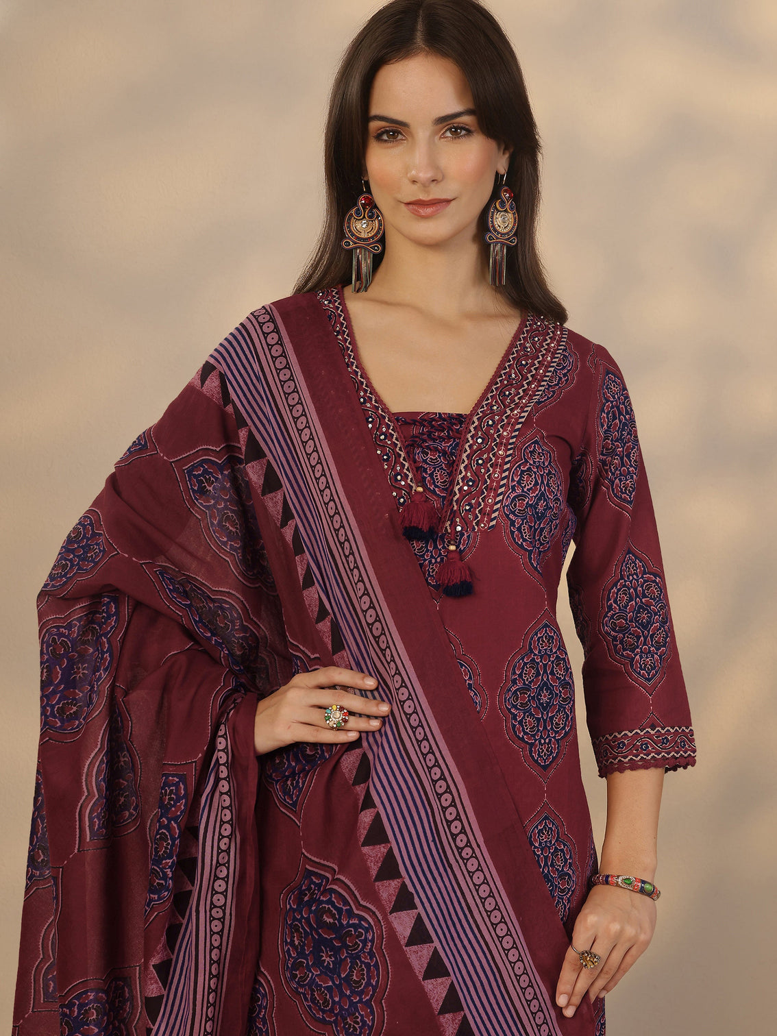 Mameraa Maroon Printed Cotton Straight Suit Set With Dupatta