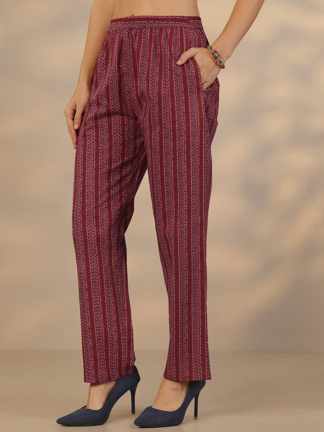 Mameraa Maroon Printed Cotton Straight Suit Set With Dupatta