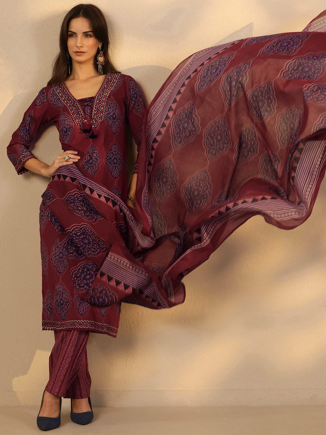 Mameraa Maroon Printed Cotton Straight Suit Set With Dupatta