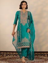 Libas Green Embroidered Organza Straight Suit Set With Dupatta