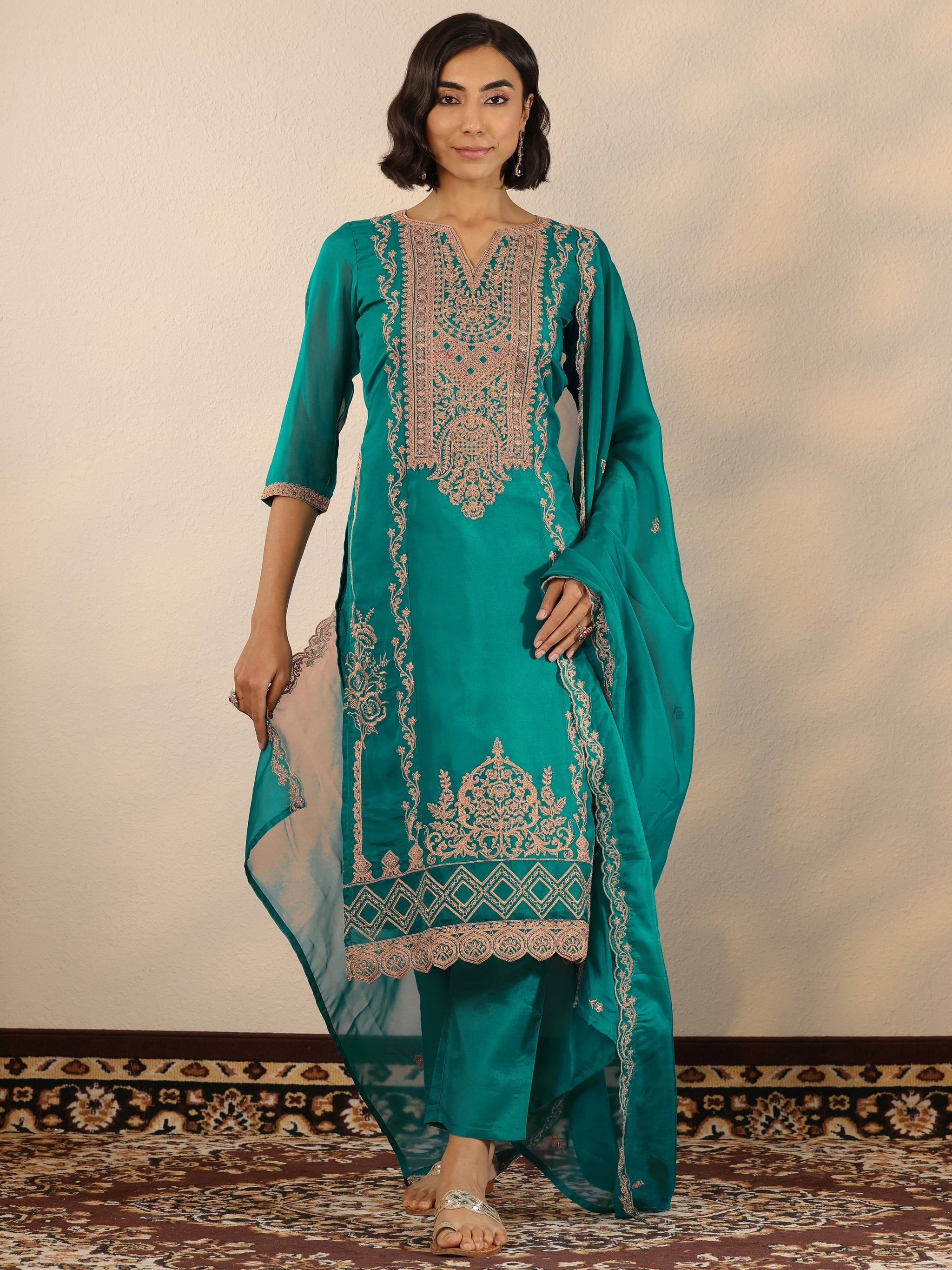 Libas Green Embroidered Organza Straight Suit Set With Dupatta