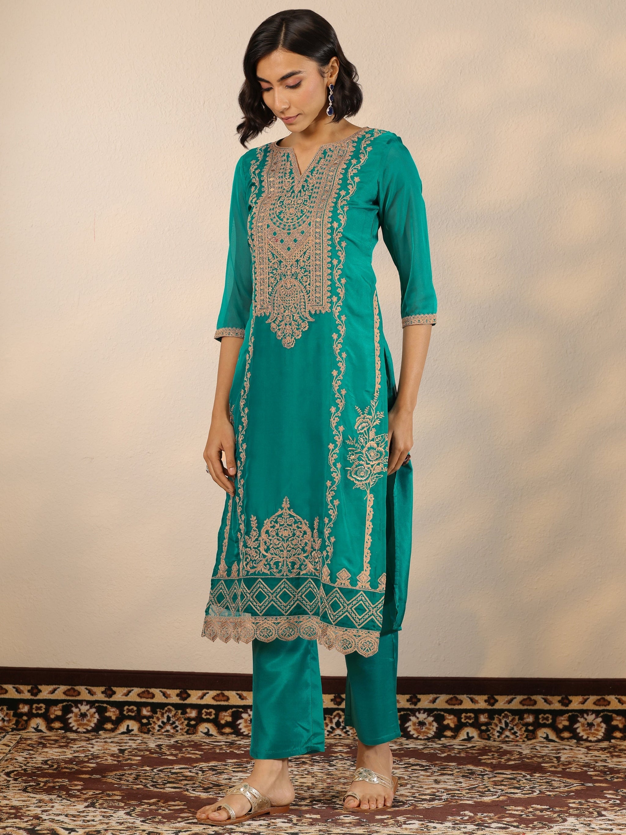 Libas Green Embroidered Organza Straight Suit Set With Dupatta