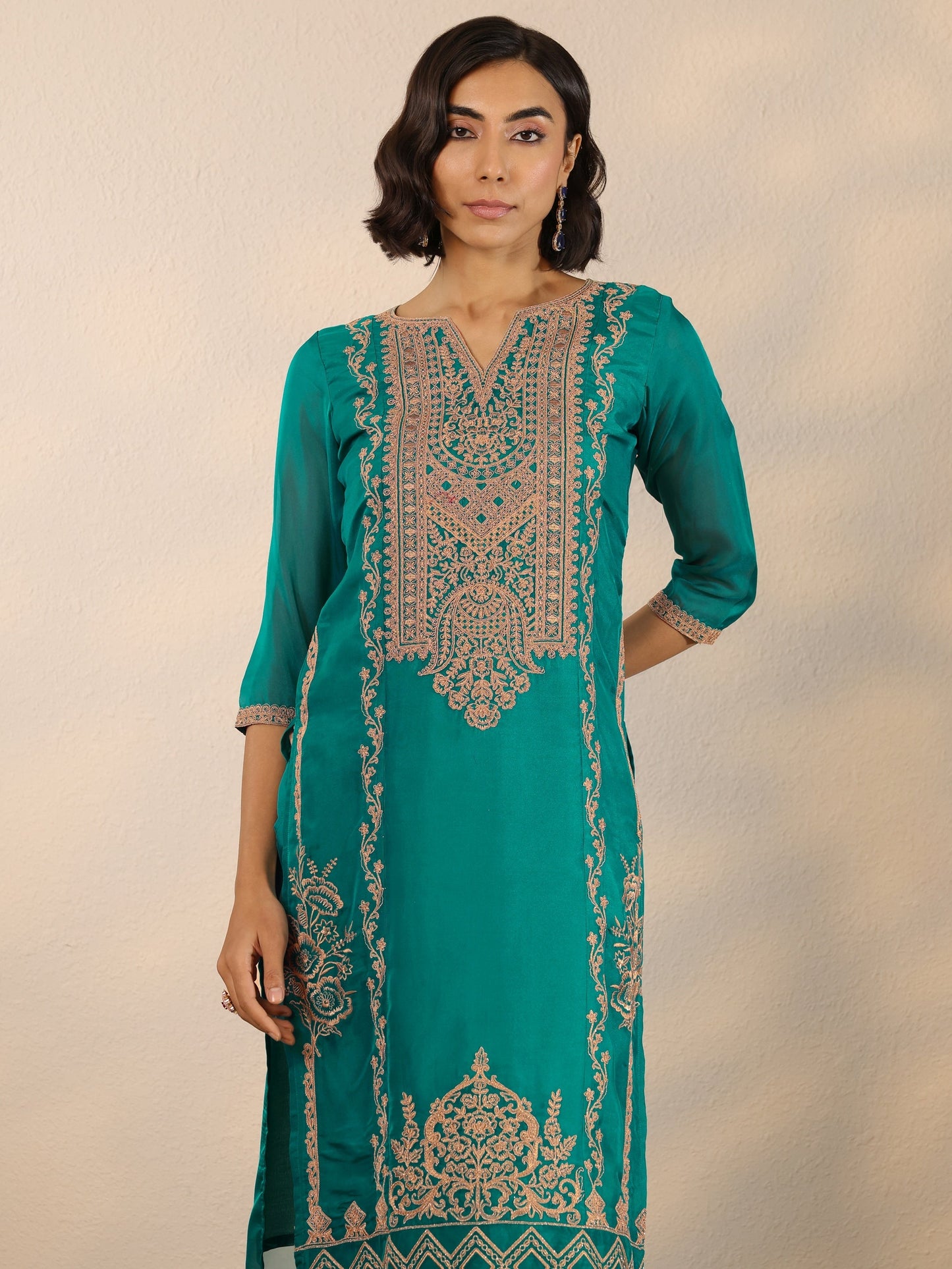 Libas Green Embroidered Organza Straight Suit Set With Dupatta
