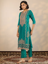 Libas Green Embroidered Organza Straight Suit Set With Dupatta