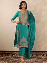Libas Green Embroidered Organza Straight Suit Set With Dupatta