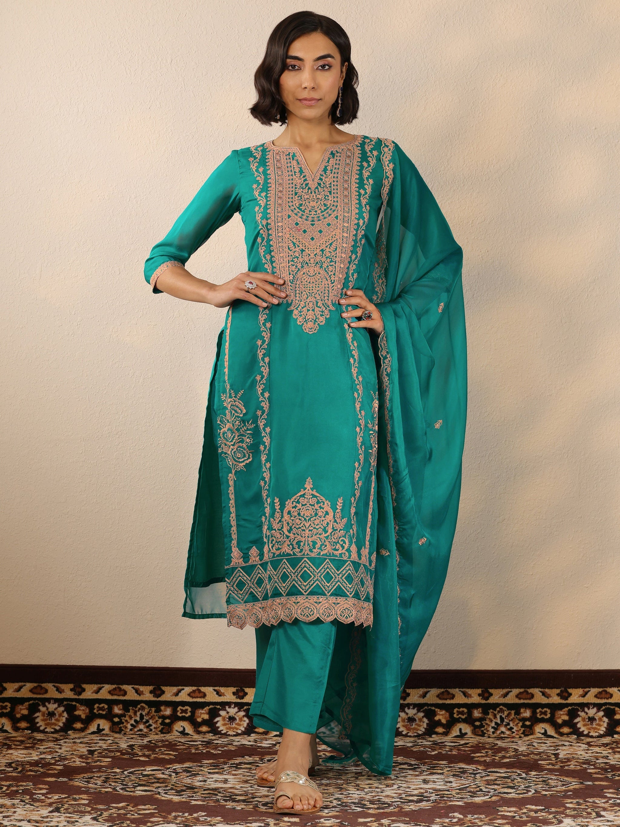 Libas Green Embroidered Organza Straight Suit Set With Dupatta