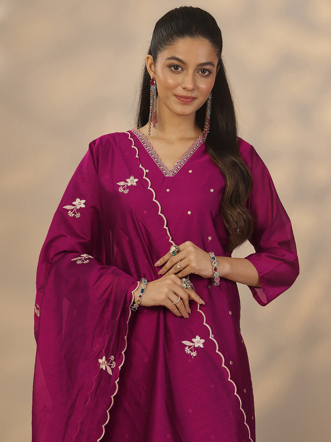 Mameraa Magenta Embroidered Silk Blend Straight Suit Set With Dupatta
