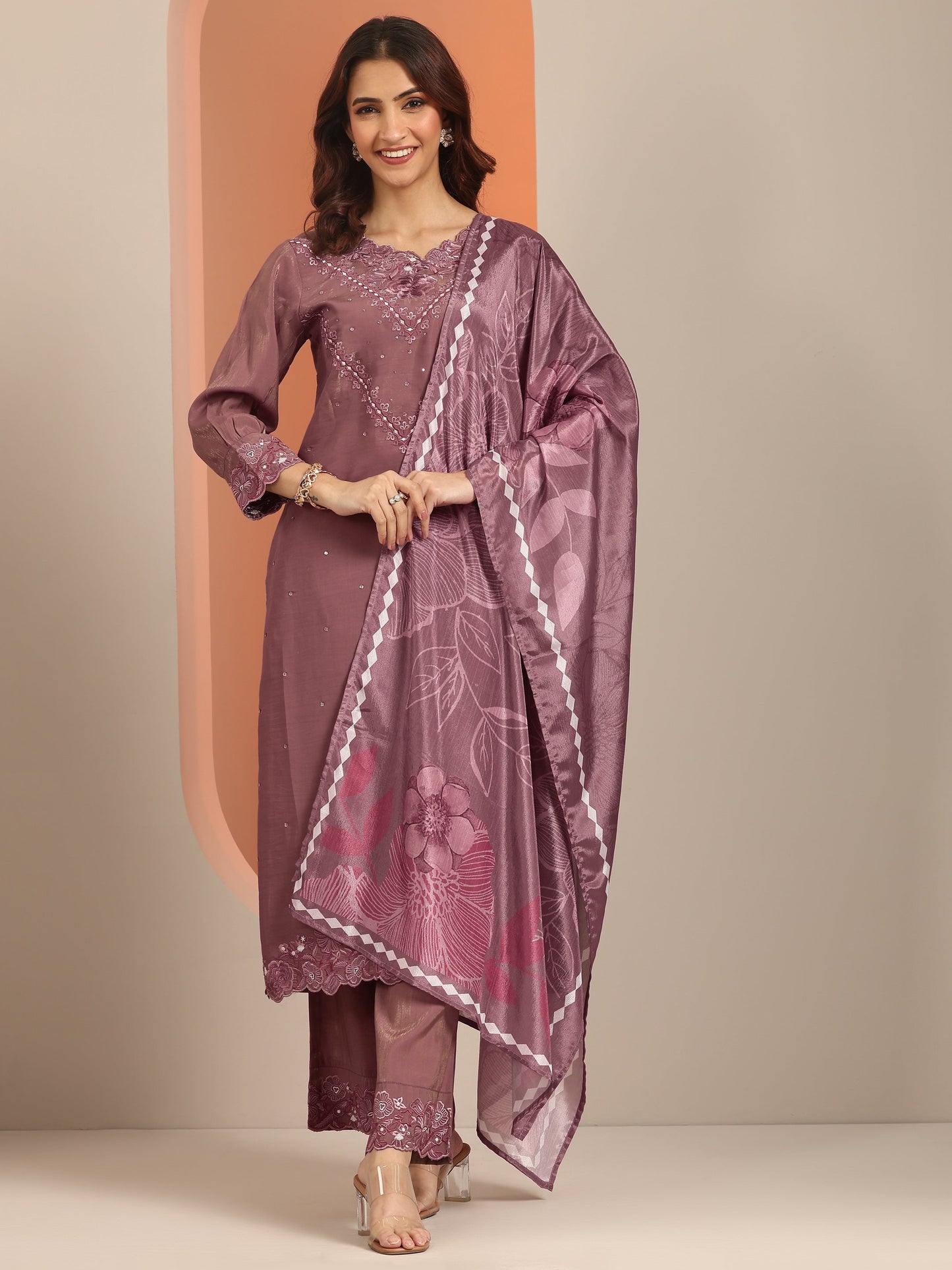 Libas Mauve Embroidered Silk Blend Straight Suit With Dupatta
