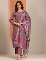 Libas Mauve Embroidered Silk Blend Straight Suit With Dupatta